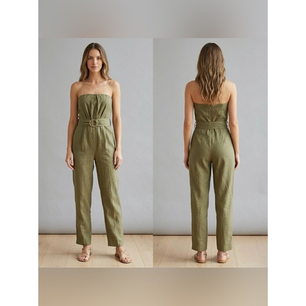 NWT Zara Women’s Textured Belted Olive Strapless Jumpsuit with Pockets Size M